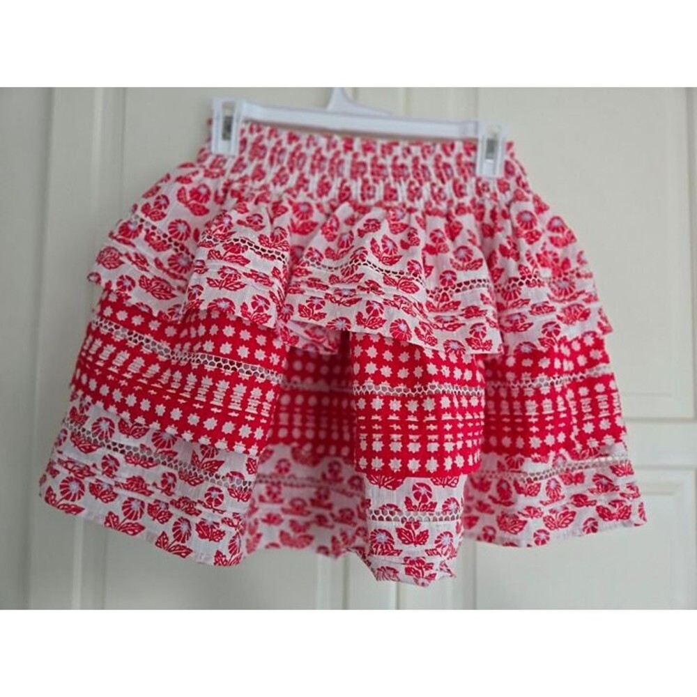 Roller Rabbit Skirt Red Floral Ruffle Skater Elastic Waist Cotton Womens XS -NEW - Picture 3 of 4